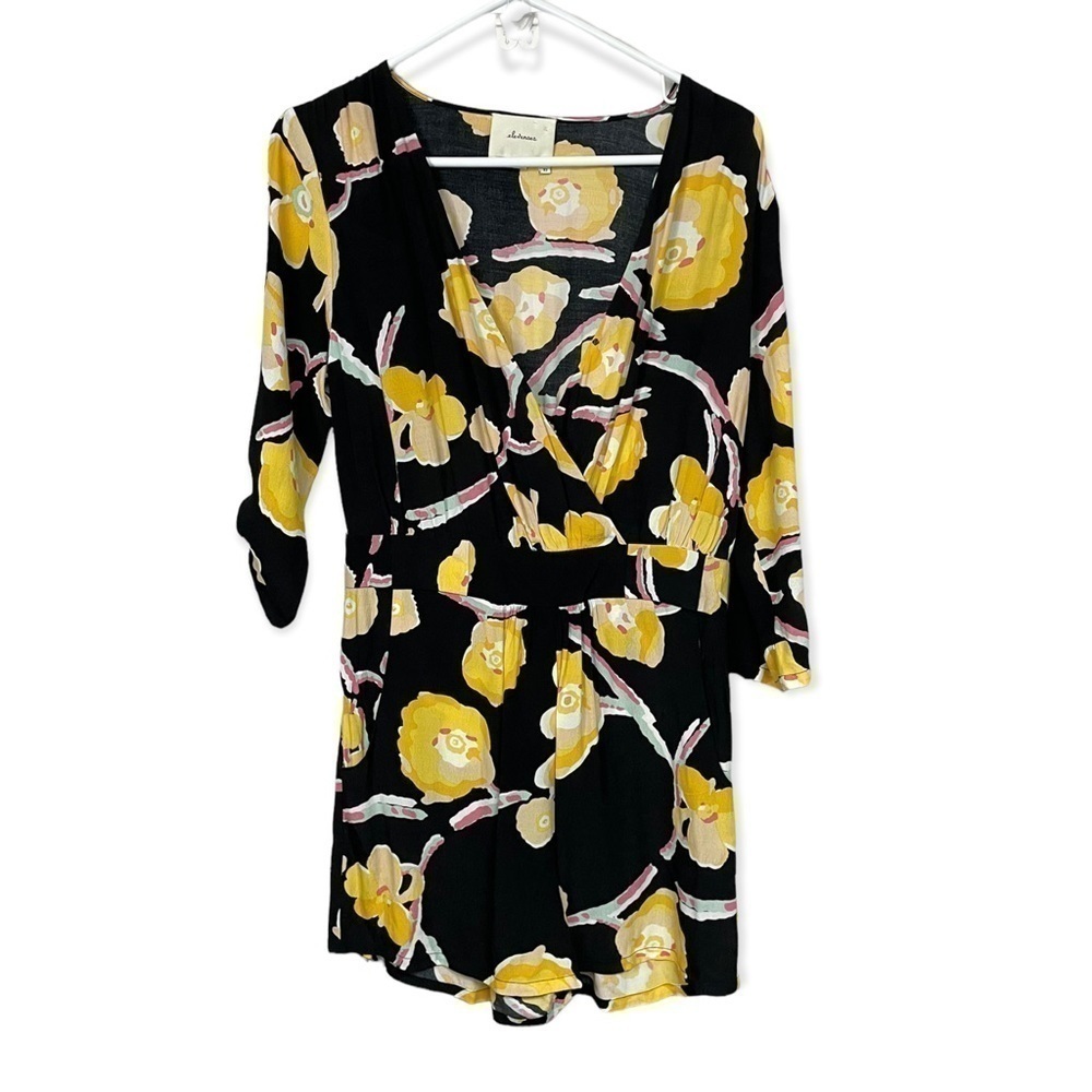 Anthropologie Elevenses Tropical Floral Romper Black Yellow Extra Small